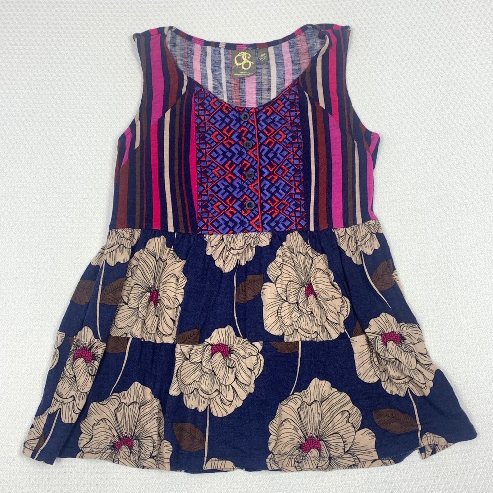 Anthropologie One September Womens XS Floral Stripe Embroidered Tunic Top Blouse